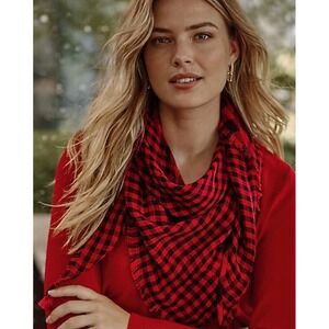 NWT J. Jill Red/Black Buffalo Double Faced Fringed Plaid Rectangular Scarf